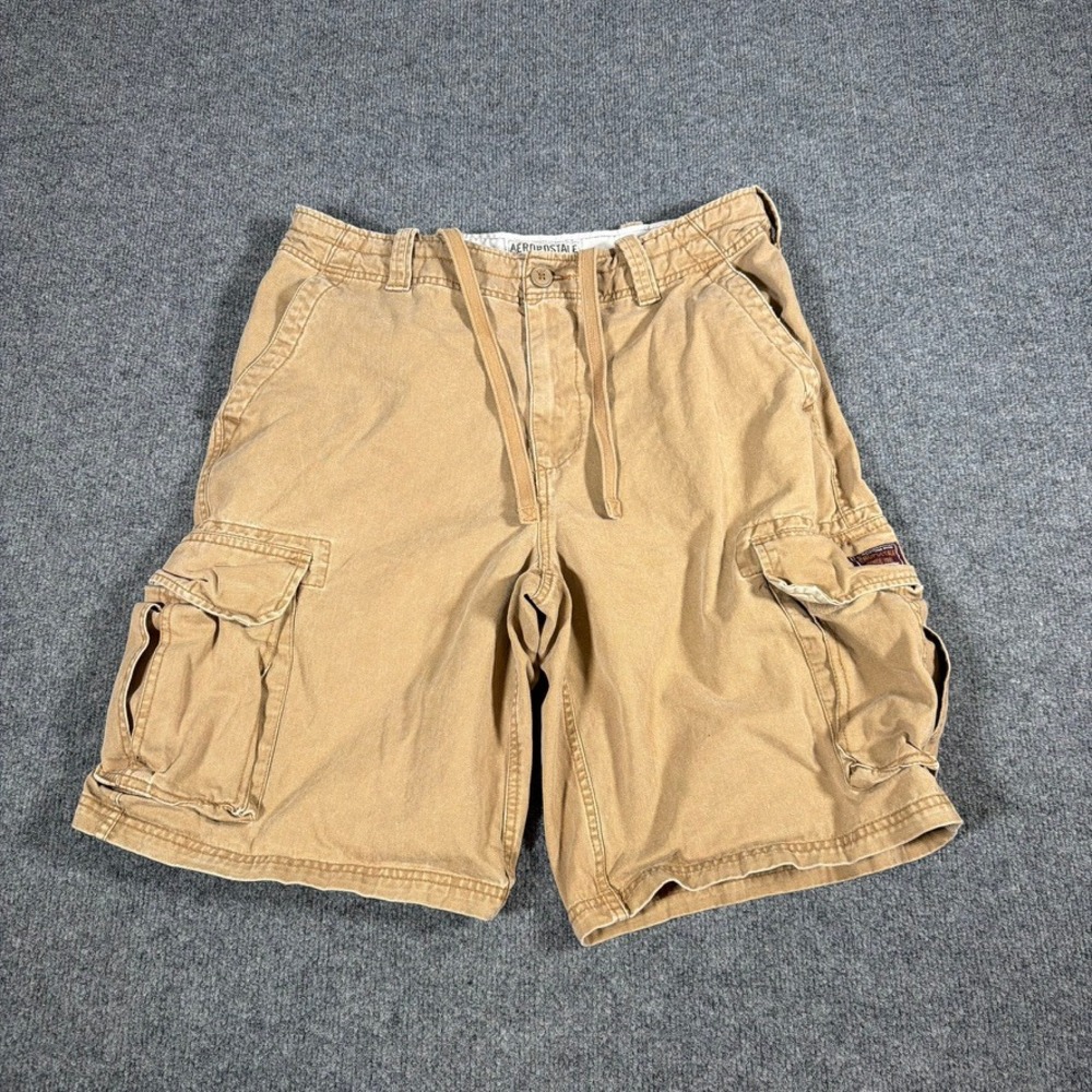 Aeropostale Mens Authentic Cargo Shorts 34 Tan Drawstring Cotton Multipocket